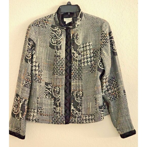 JACKET-COLDWATER CREEK-Tweed Woven Patterns-Long Sleeves-Black-Gray-Size Medium - Picture 1 of 16